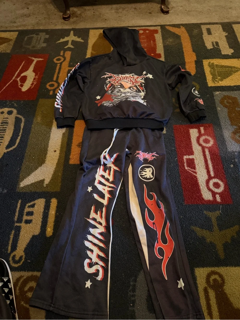 SHEIN Black Kids Hoodie & Jogger Pajama Set with Red Flame Graphics